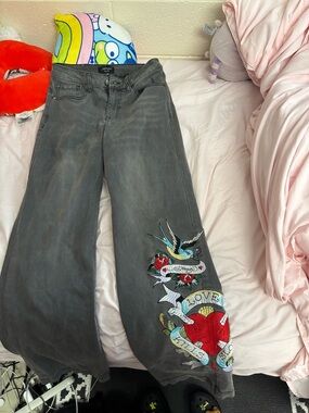 Ed Hardy Gray Wide-Leg Jeans with Colorful Heart & Swallow Embroidery